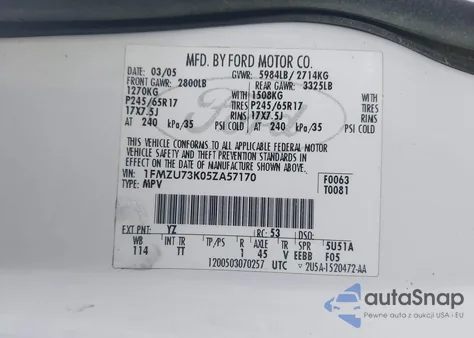 2005 Ford Explorer Xlt/Xlt Sport/Nbx from USA, damaged, VIN 1FMZU73K05ZA57170